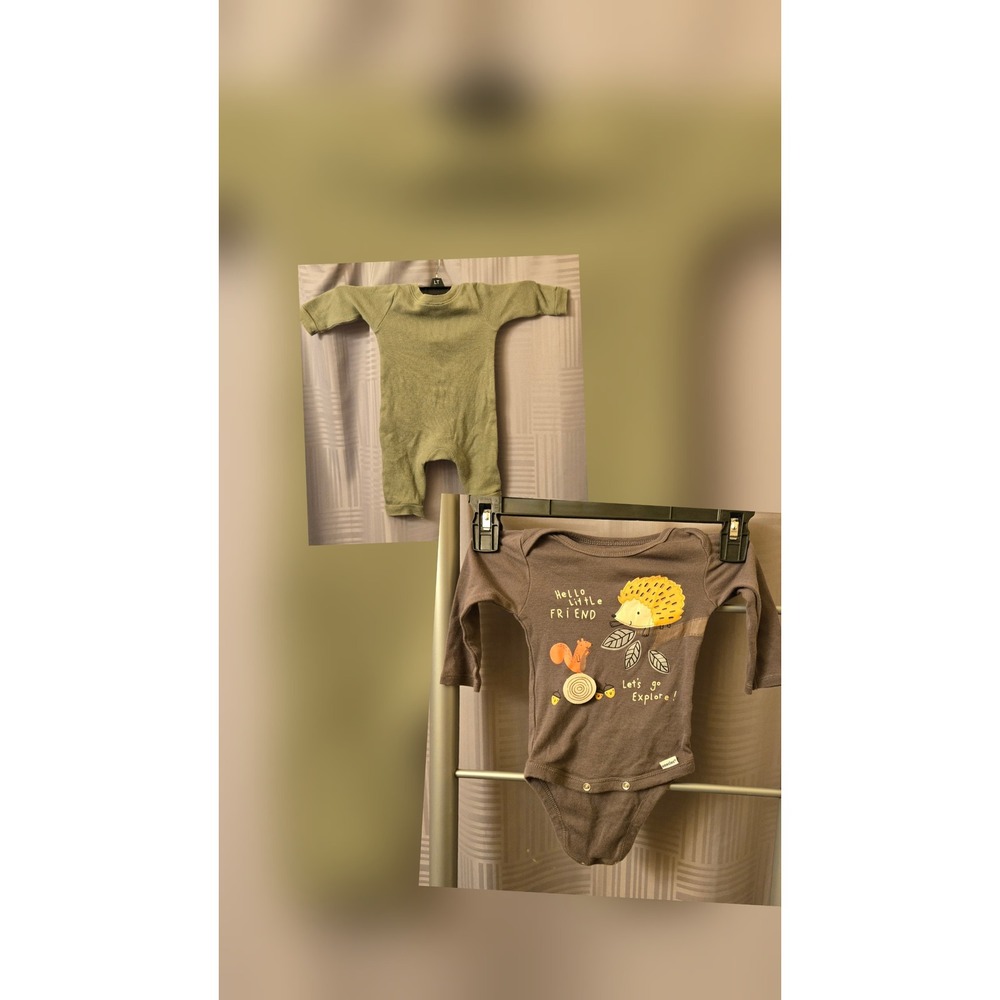 Old Navy Waffle Romper & Gerber Woodland Bodysuit Set 0-3M Green Brown